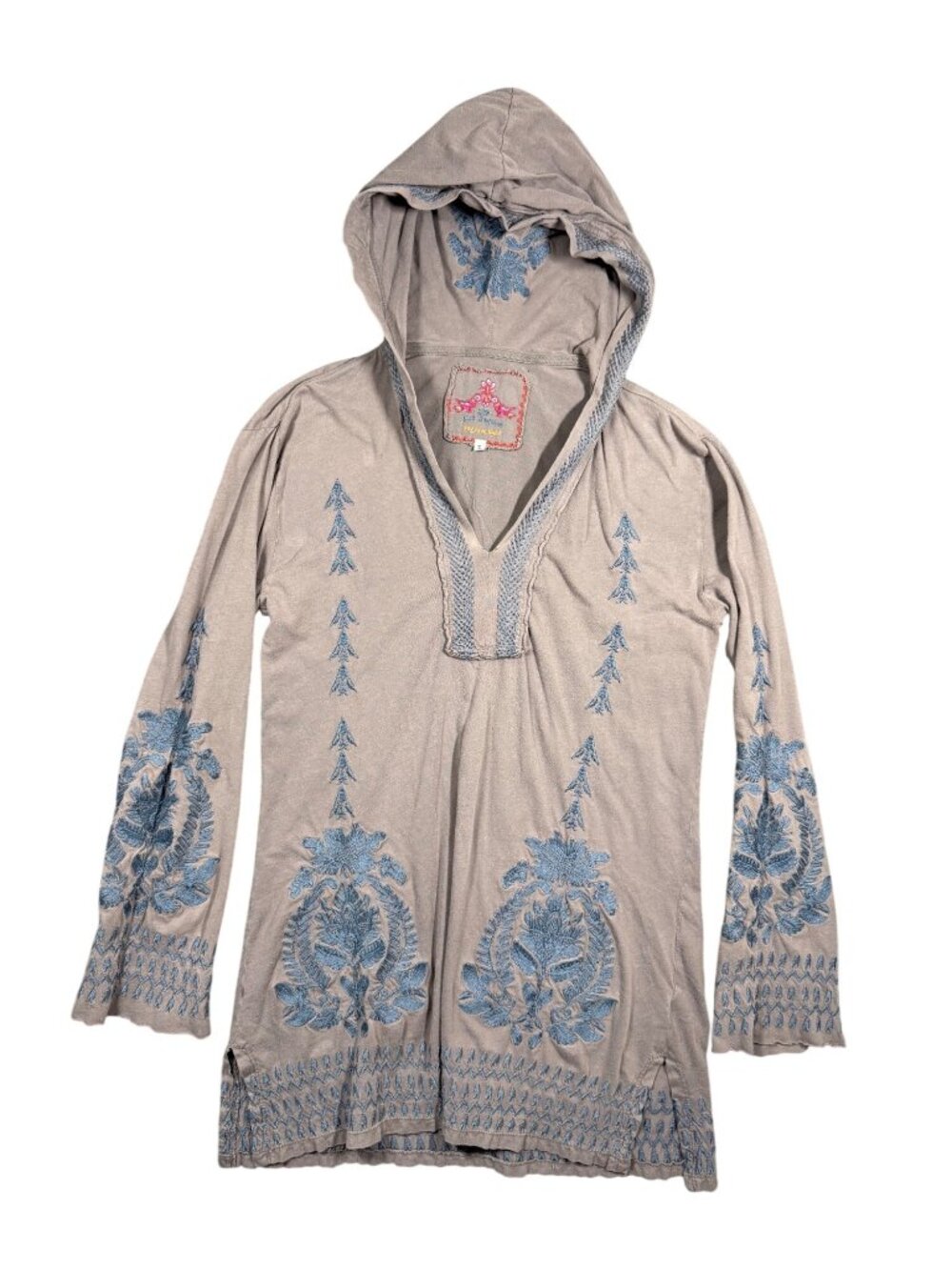 JOHNNY WAS JWLA Gray Embroidered Hooded Long Sleeve Cotton Tunic Top S